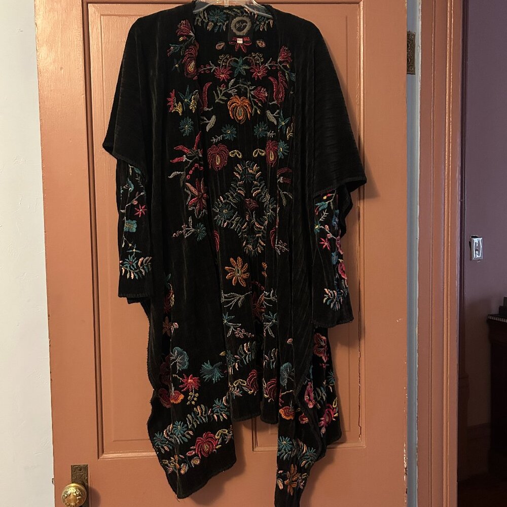 Johnny Was Biya Leonne Shawl Collar Embroidered Velour knit Sweater